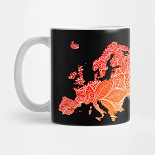 Colorful mandala art map of Europe with text in red and orange Mug